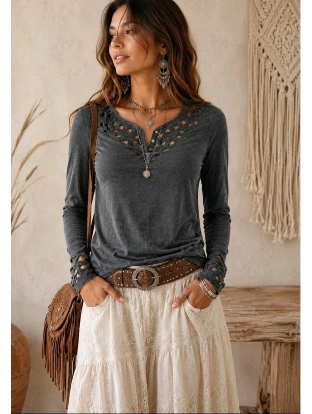 Free People Lacey Women's Top Size M Goth Washed Black #CC